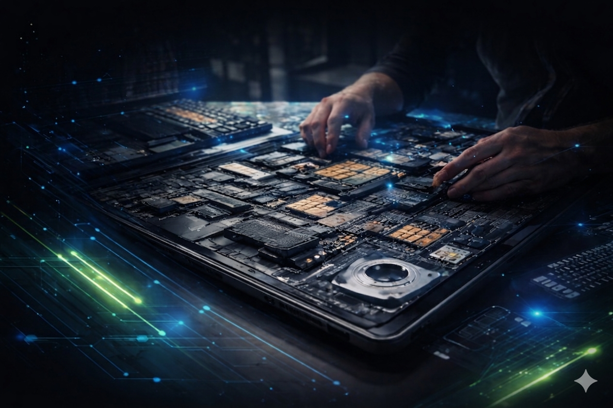 Técnico trabalhando nos componentes de um computador